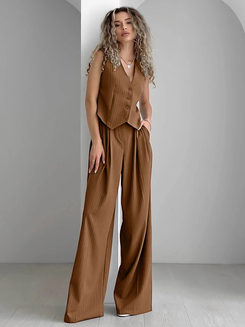 

Parc Fee Summer Loose Stripe Print 2 Piece Set Women Fashion Sleeveless Tank Top With High Waist Wide Pants Set Female Clothing