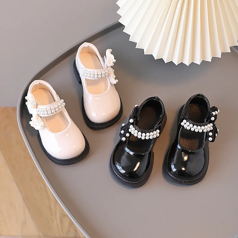 Kids Leather Shoes for Girls Flats Spring Pearls Bow Princess Mary Jane Single Shoes Baby Toddler Dance Performance Shoe 1-6year