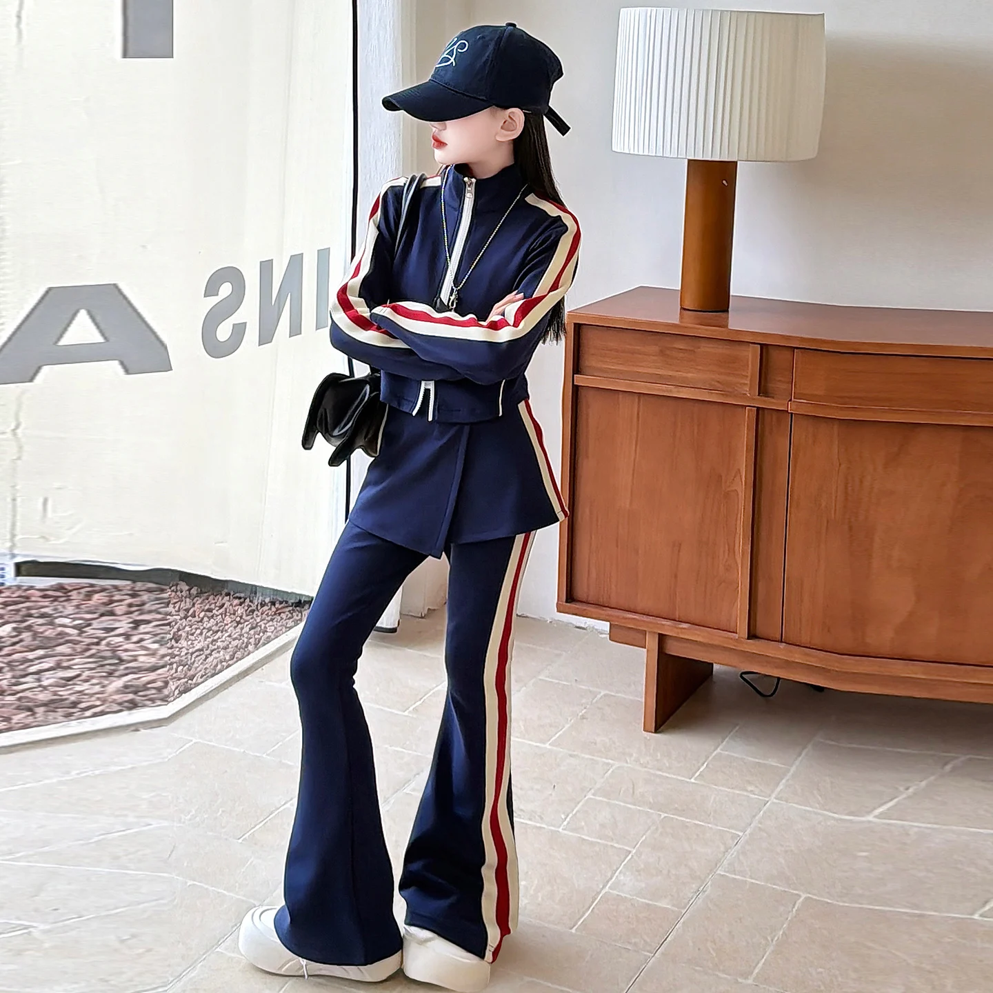 2026 Child Girls Fashion 2 Pieces Sets leisure Girl Clother Slim Zipper Short Top flared trousers Children's striped pants Sets