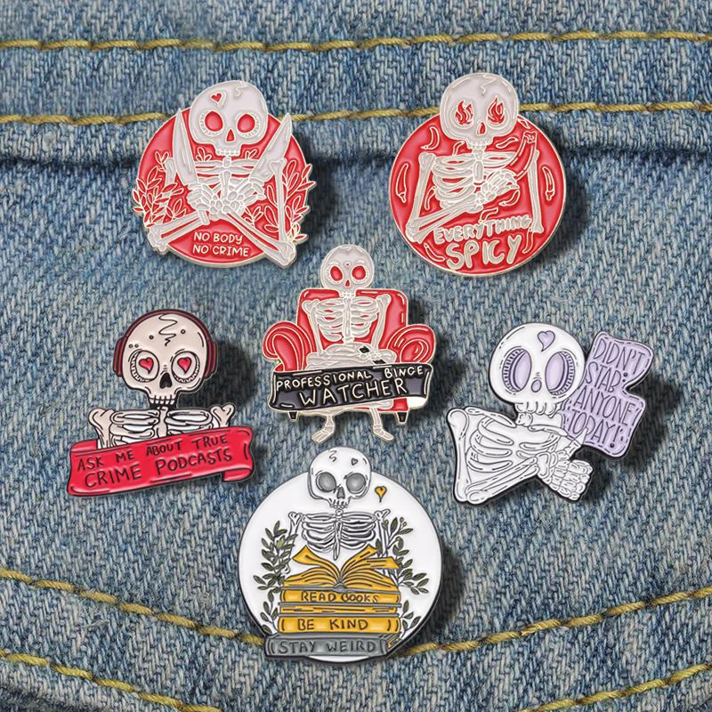 TRUE CRIME PODCASTS Pines Lapel Badges Punk Gothic Jewelry Gift for Friends Red Punk Skeleton Enamel Brooch Custom ASK ME ABOUT