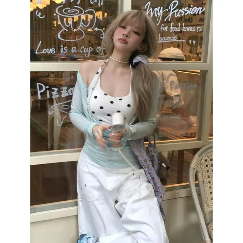 Mint Green Swinging Collar Slightly Transparent Long-sleeved Blouse Women's Early Chest Pad White Polka Dot Neck Vest Two-piece