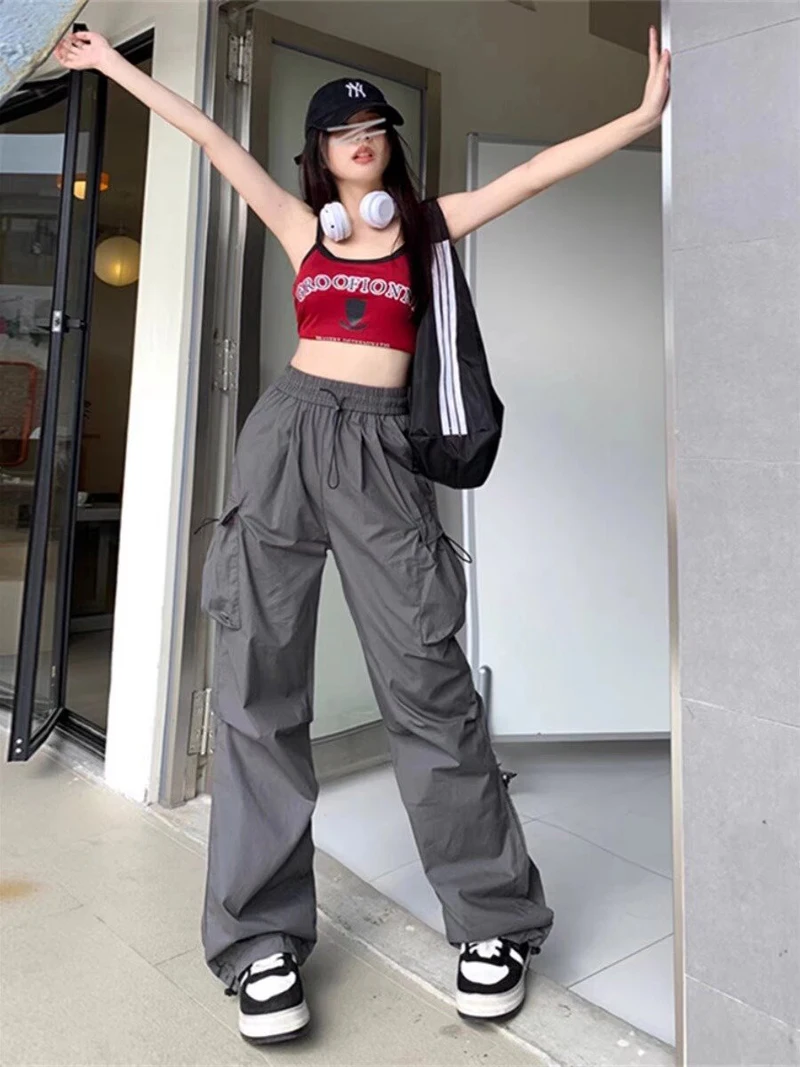 

Брюки-карго женские весенние нейлоновые скульптурные брюки в консервативном студенческом стиле дышащие эластичные брюки для городских прогулок в городском кампусе оверсайз