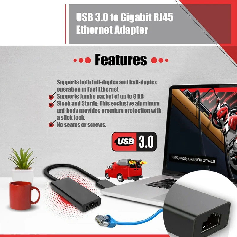 Adaptador de red USB 3.0 Gigabit Ethernet LAN RJ45 1000Mbps para Windows PC Mac