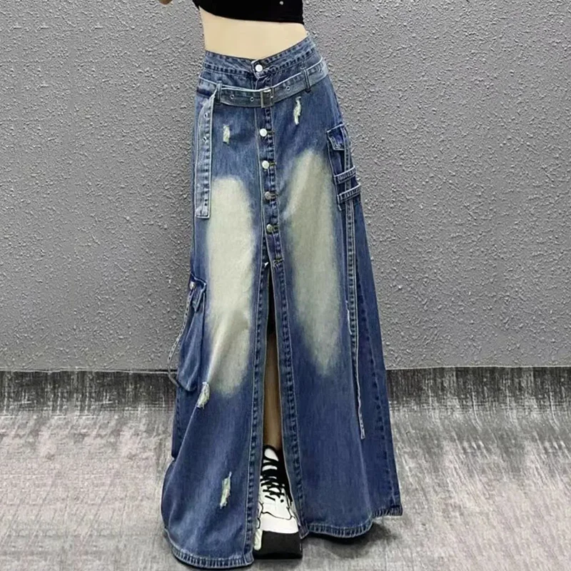 Personalizado cintura alta fenda meados de comprimento denim saia para mulher 2025 nova primavera verão solto grande bolso vintagea buraco saia