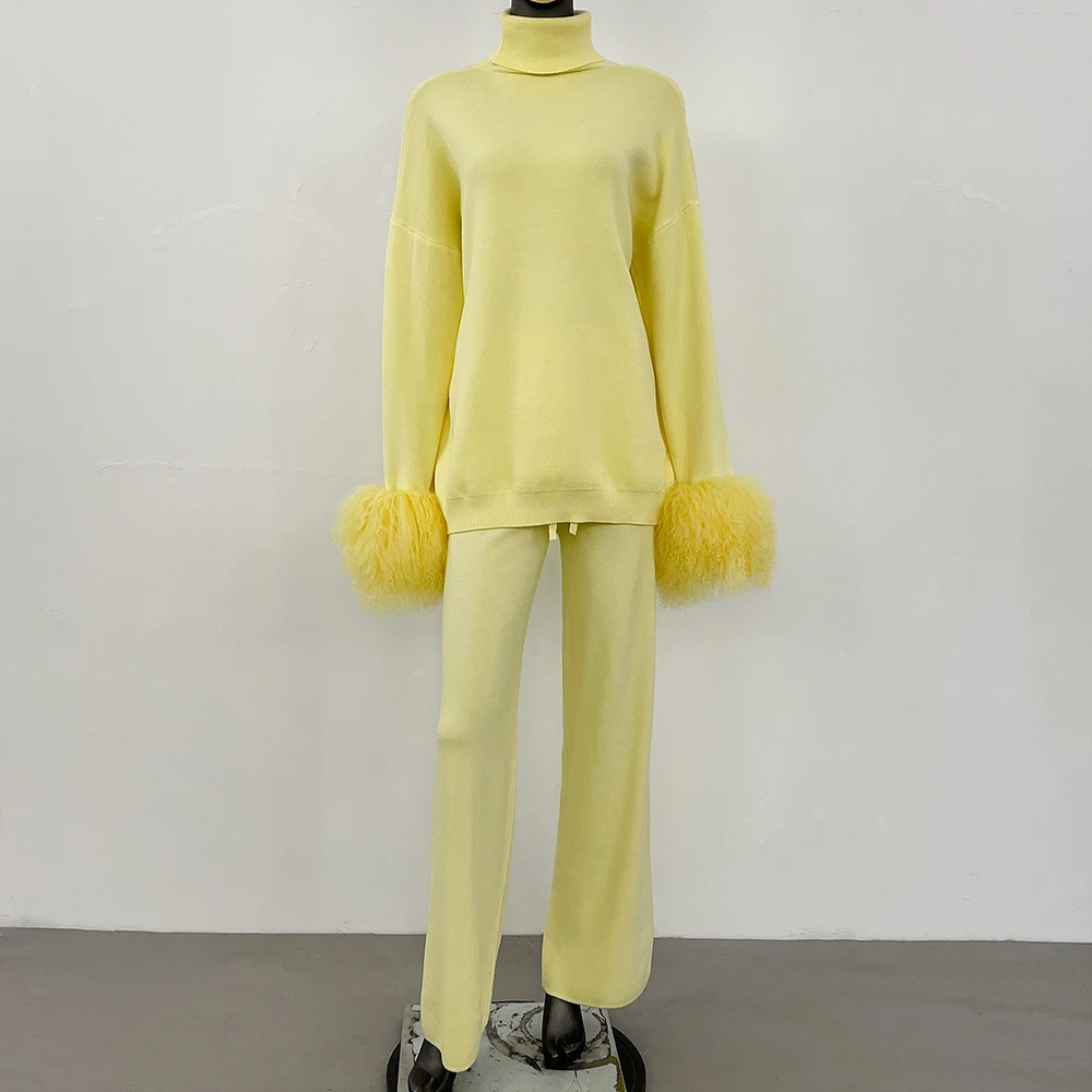 معطف المرأة محبوك دعوى المرأة سترة مجموعة ريال الأغنام المنغولية الفراء الأصفاد عالية الجودة الصوف ومزيج بلوفر مغزول وسراويل