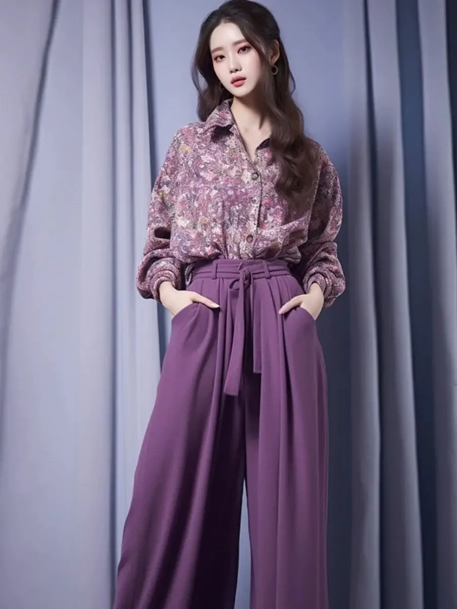 Trousers Woman Purple Spring Autumn Shirt Blouse and Pant Sets for Women 2 Pieces Baggy New in Matching Groups Classy Tailor Of