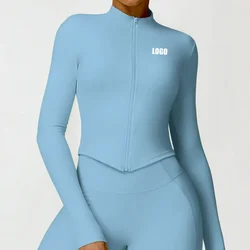 Custom LOGO women's quick-drying nude fitness jacket zipper outer wear running sports tight long-sleeved yoga clothing top