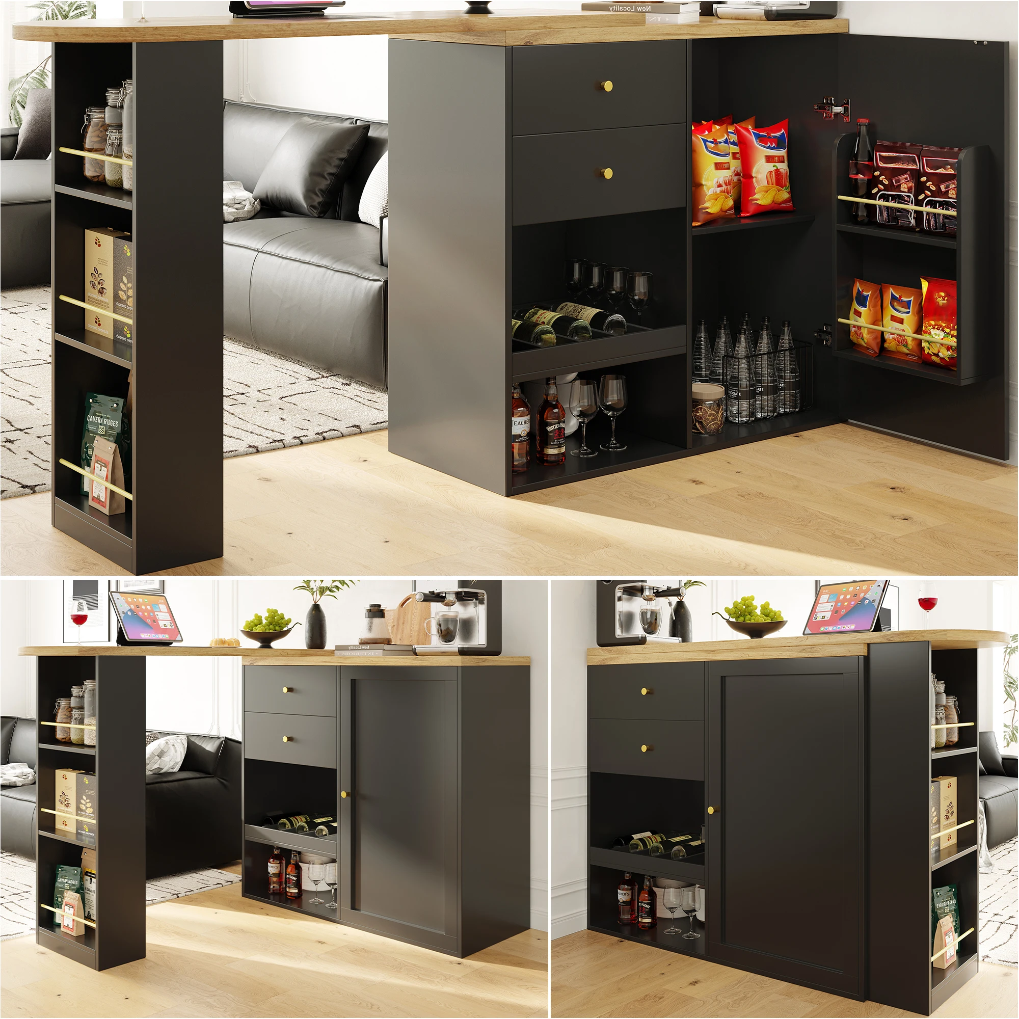 Mesa de bar pub con 2 cajones de almacenamiento, gabinete de vino con puerta corredera extensible, mesa de desayuno, para comedor, 105 x 39 x 102 cm