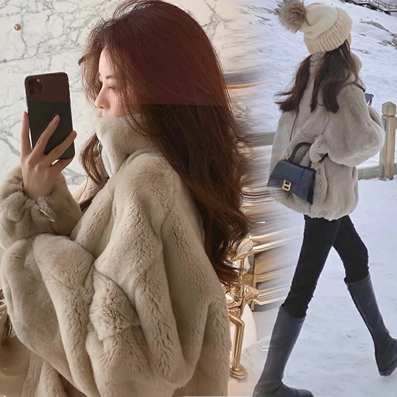 Otter Rabbit Fur Grass Women's 2023 Winter New Fragrant Standing Neck Plush Loose Hooded Coat Trend