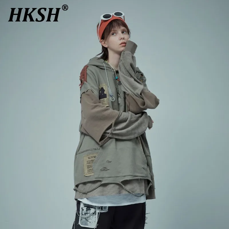 

HKSH Autumn New Men's Tide Punk Waffle Sleeve Splice Fake Two Pieces Vintage Patchwork Damaged Original Women Sweatshirt HK2378