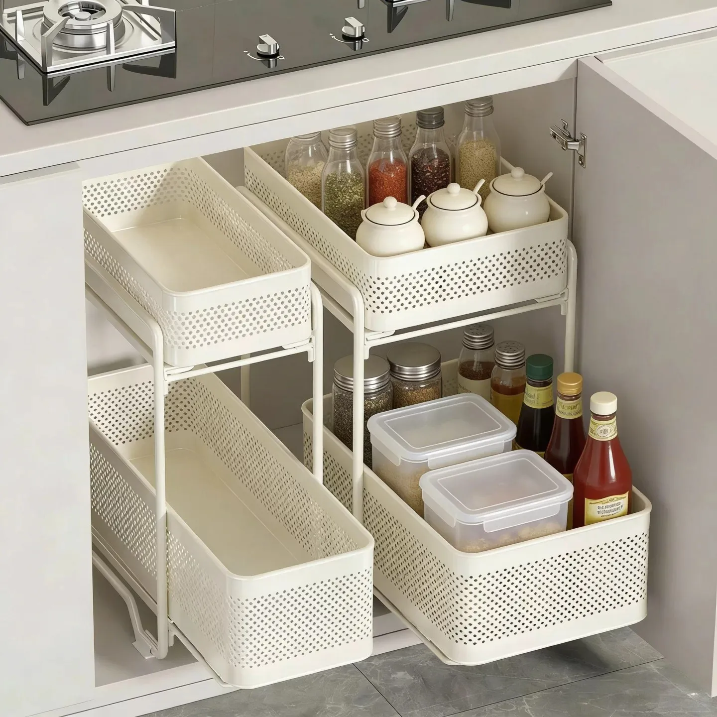 Pull Out Cabinet Organizer Carbon Steel Adjustable Sliding Storage Rack Kitchen Cupboard Pantry Cookware Dishes Seasoning 2