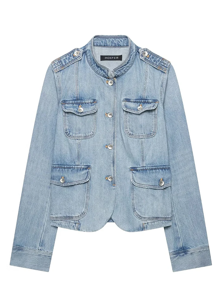 Casual Women’s Cropped Denim Jacket Spring Autumn Long Sleeve Stand Collar Pocket Decoration Short Coat Female Streetwea Y2K