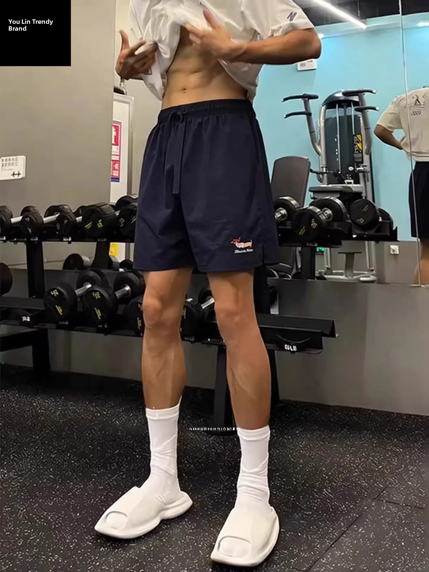 

Fitn orts Youth Casual Nylon Summer Blue Sausage Dog Embroidery American Sle Fourths Length mid Waist Stand Fit orts