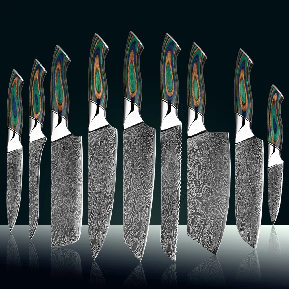 

67-слойная дамасская сталь, 1-9 шт., набор кухонных ножей для отелей и домашнего использования, нож шеф-повара в западном стиле, нож для очистки Сантоку, кухонные инструменты
