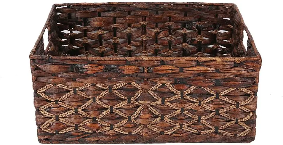 Large Woven Storage Basket with Handles, Natural Water Hyacinth Rectangular Box for Home Organization
