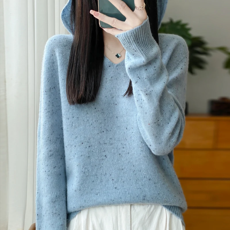 New women\'s hooded sweater in autumn and winter 100% wool V-neck loose fashion cashmere knit bottoming pullover