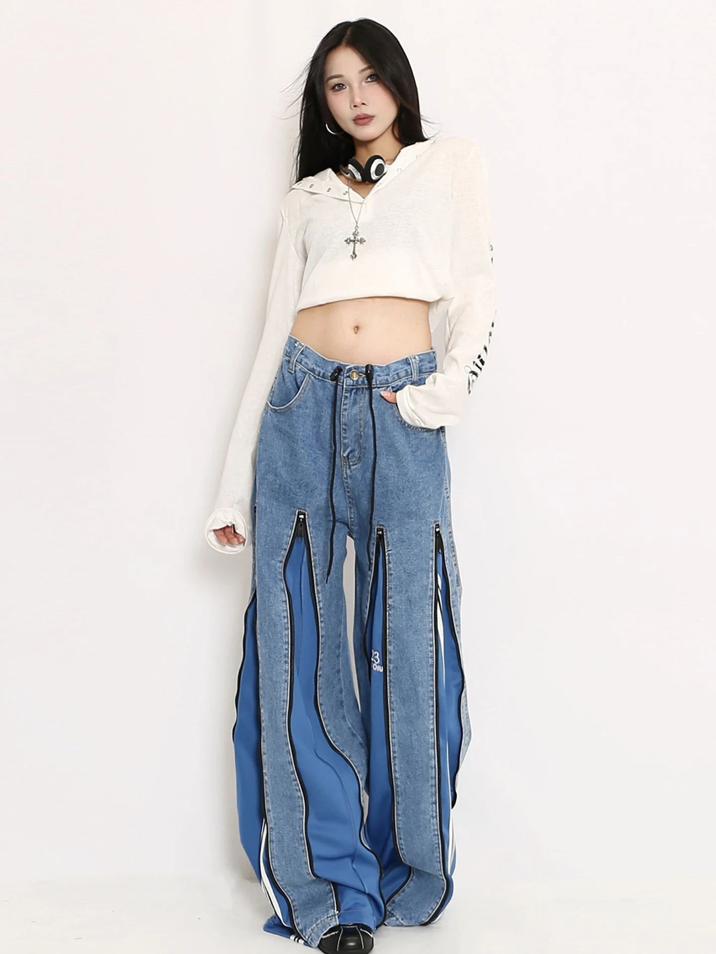 

Retro American Sle High Waist Wide Leg Jeans Women's Loose Fit Zipper Color Blo Trendy Design Blue Denim Casual Pants