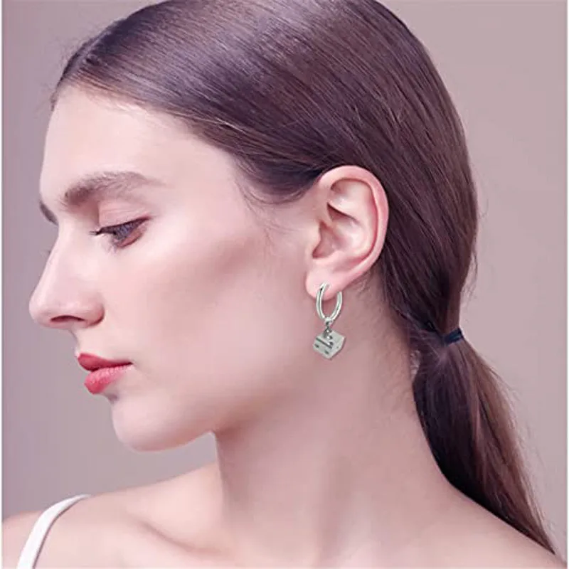 Trendy Punk Dice Pedant Stainless Steel Earrings Cool Square Geometric Stud Ear Jewelry Party Gifts For Women Men