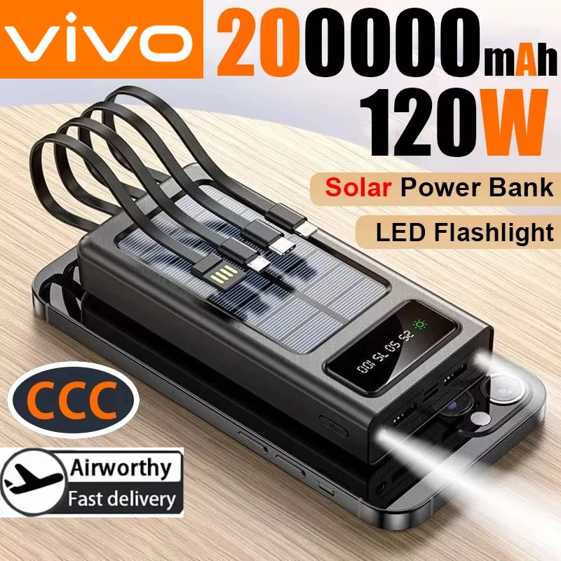VIVO 200000mAh بنك الطاقة الشمسية 3C شهادة 4 في 1 سعة فائقة مصباح ليد شاحن خارجي شحن سريع بطارية خارجية