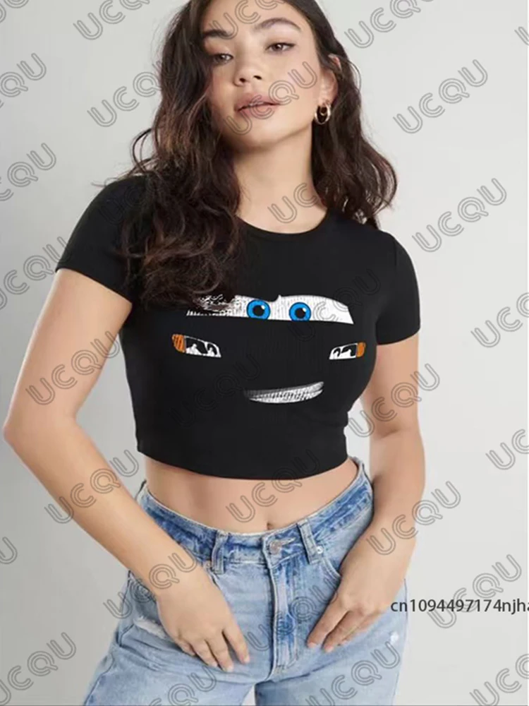 صيف جديد البرق ماكوين تي شيرت مطبوع للنساء كوريا Sle قصيرة الأكمام المحاصيل الأعلى الشارع الشهير تيز خمر بلايز Y2k عادية