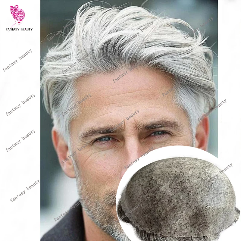 1b80# 1B65 Grey 0.1mm Injection Men Toupee Skin Full PU Men's Wig Remy Indian Human Hair Replacement System Capillary Prosthesis