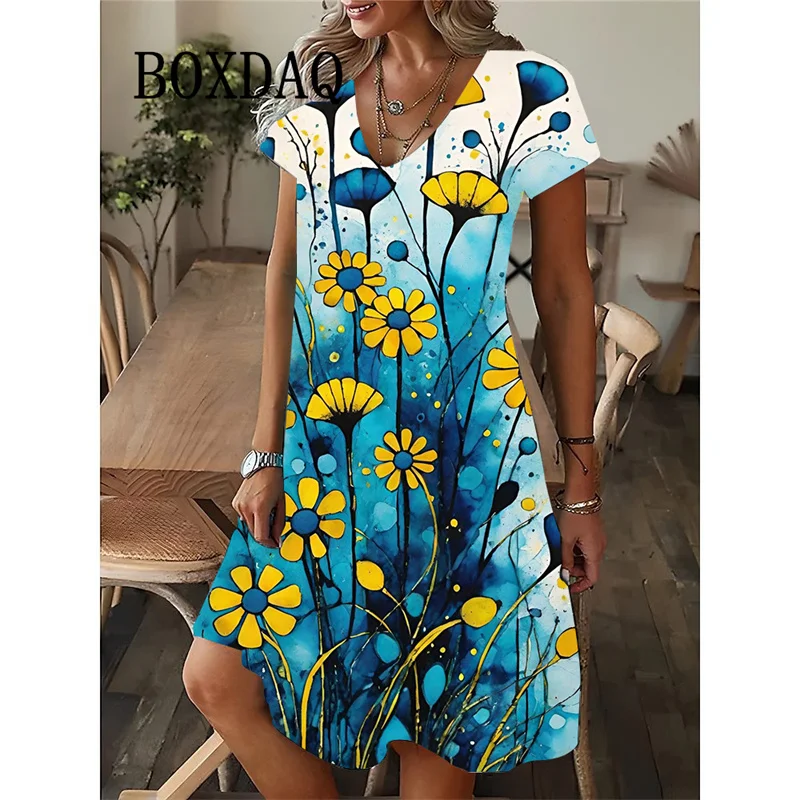 فستان نسائي صيفي جديد لعام 2025 فستان أنيق مثير بياقة على شكل حرف v فضفاض على شكل حرف a عتيق مطبوع عليه زهور وأكمام قصيرة فساتين نسائية غير رسمية للشارع