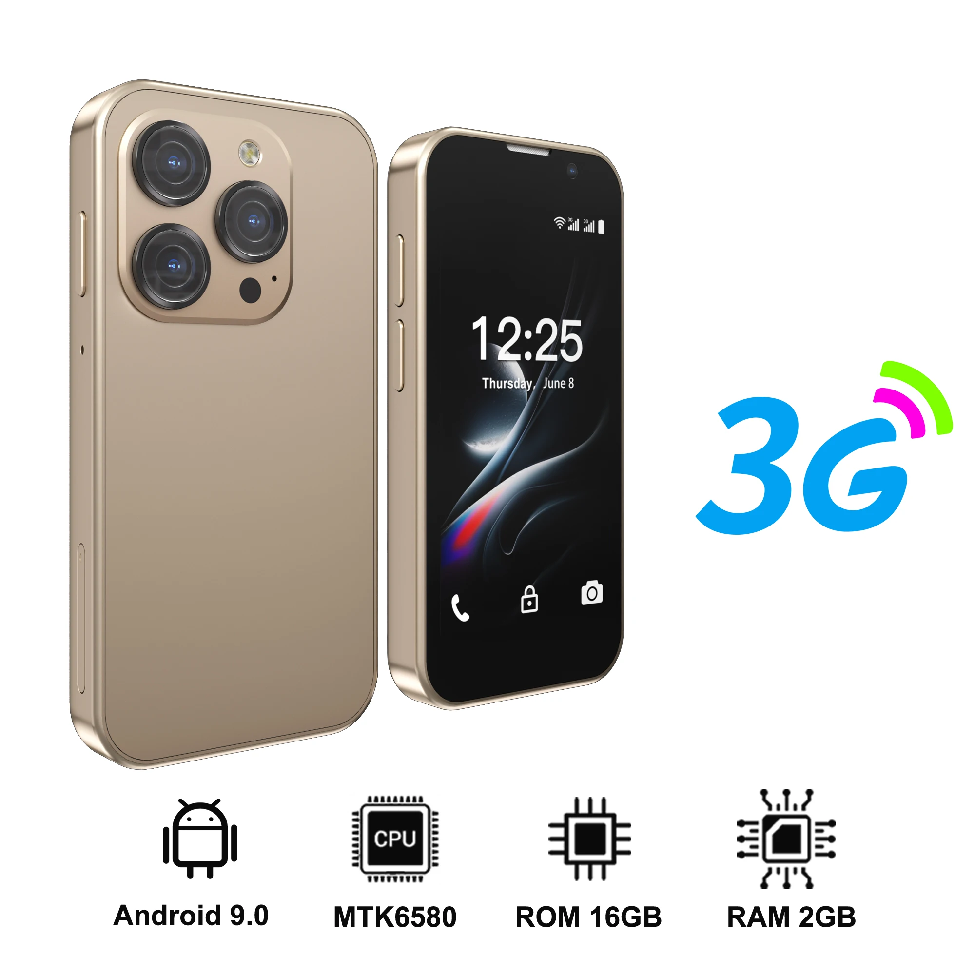 SERVO 3G Super Mini Smartphone Android 9.0 OS 2GB+16GB Gezichtsontgrendeling Play Store WiFi Hotspot 2 SIM Standby 3.0" Kleine Smartphones