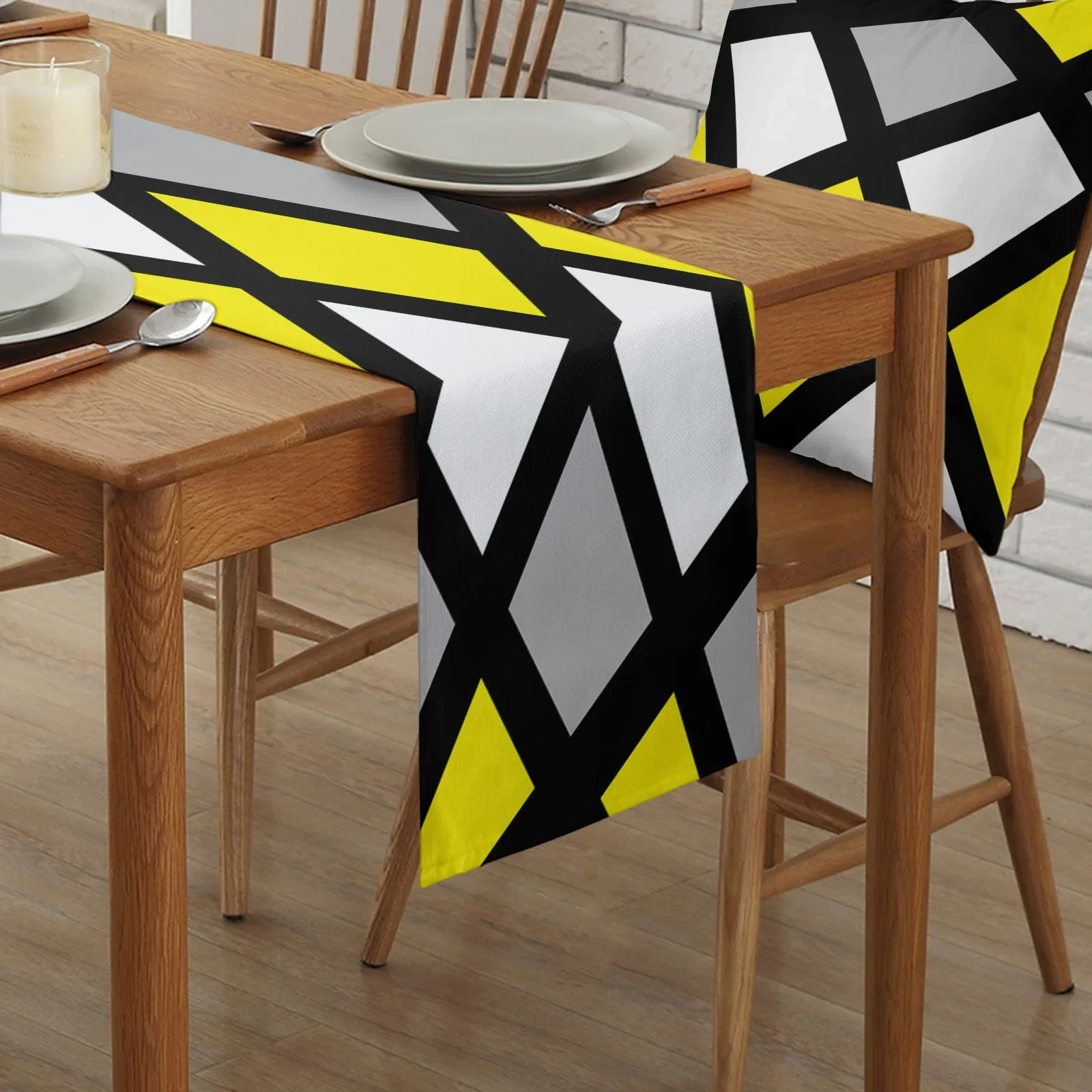 Yellow Black Grey Geometric Square Linen Table Runners Kitchen Table Decoration Dining Table Runner Wedding Party Supplies