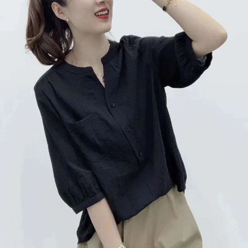 Women V Neck Half Sleeve Loose Thin Shirt Pocket Design Slim Casual Black Blouse Summer