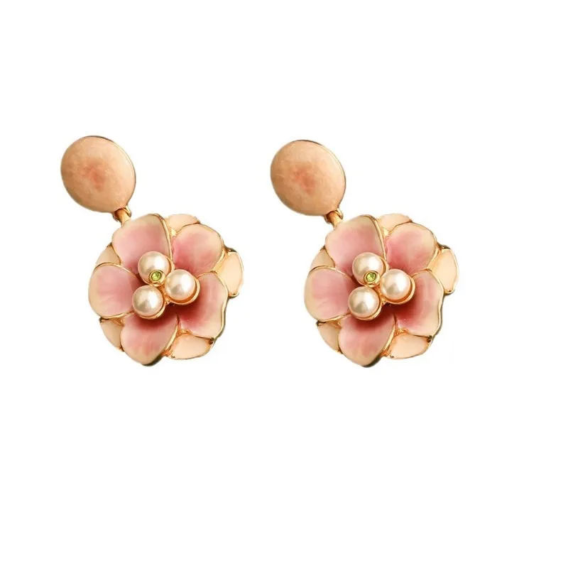 Cute Sweet Gentle Pink Retro Niche Light Luxury Earrings Camellia Medieval Style Dangle Earrings Glass Petals Jewelry