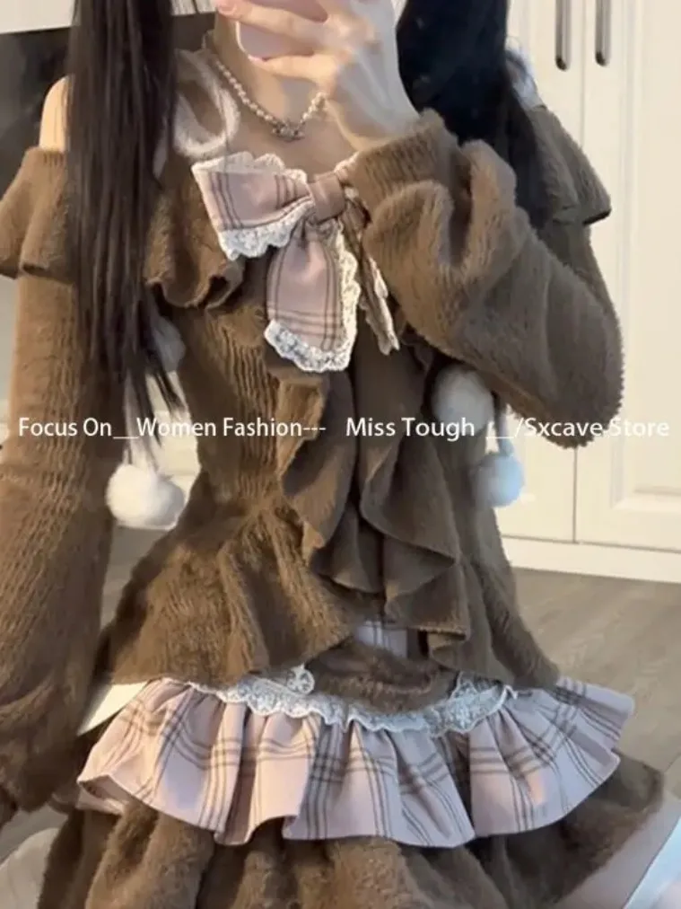 اليابانية Kawaii خمر الدعاوى النساء Y2k محبوك سترة + منقوشة التنانير الصغيرة 2000s ريترو 2 قطعة تنورة مجموعات الربيع ملابس أنيقة