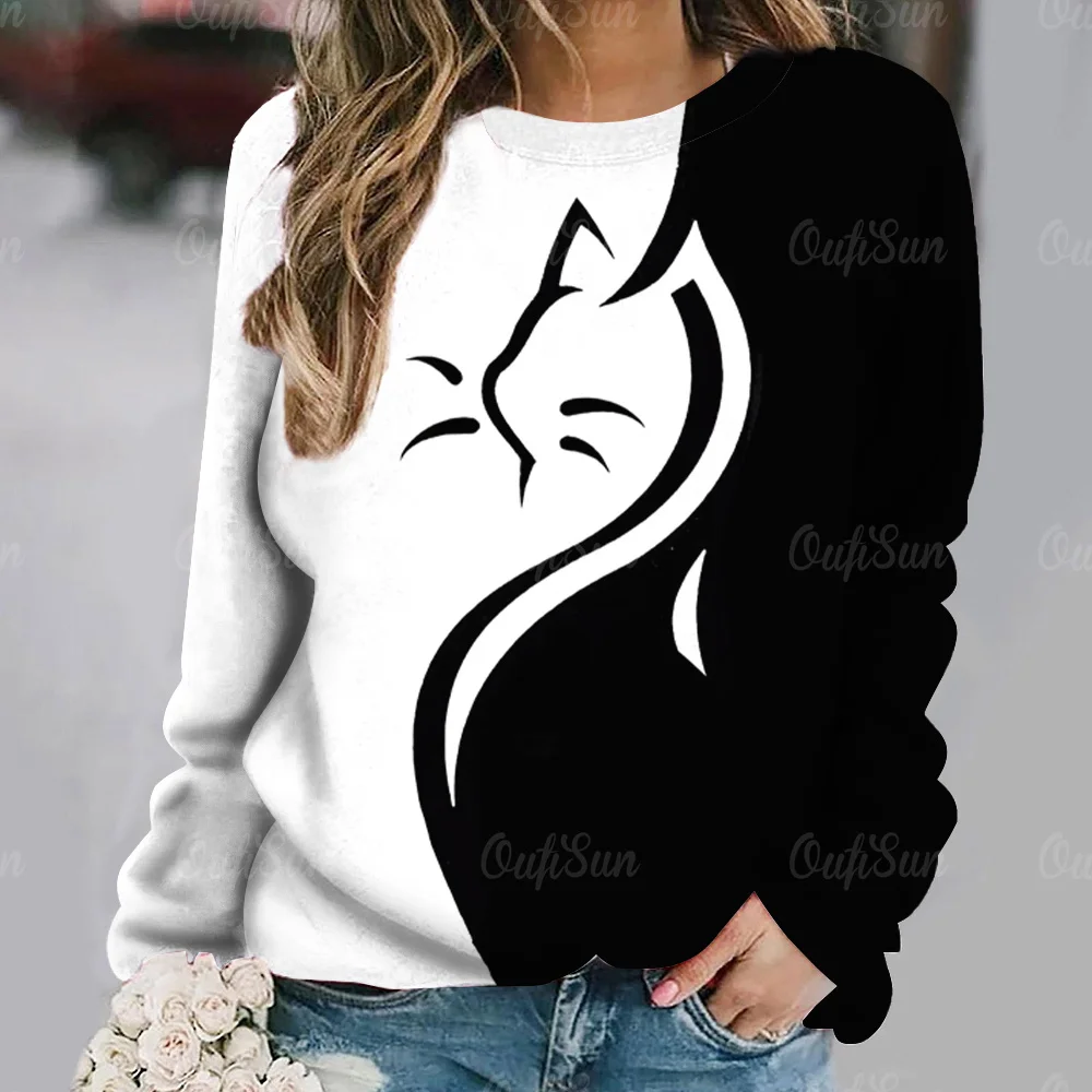 Anime Cat Printed Women\'s T-shirt Vintage Style Sweater Cotton O-neck Y2k Long Sleeve Ladies Clothing Oversized Street Pullover