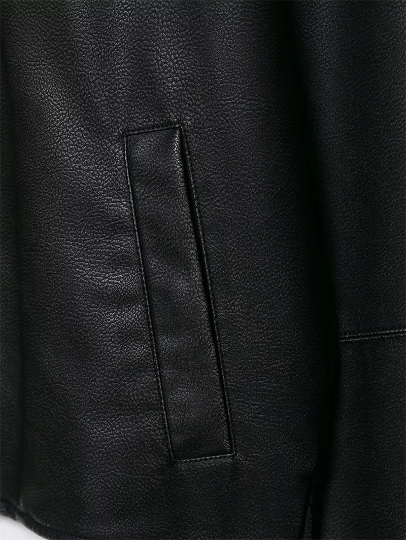 Nowa damska kurtka ze sztucznej skóry na jesień i zimę, czarna, ukryte guziki, podwójne kieszenie, styl motocyklowy z klapami.