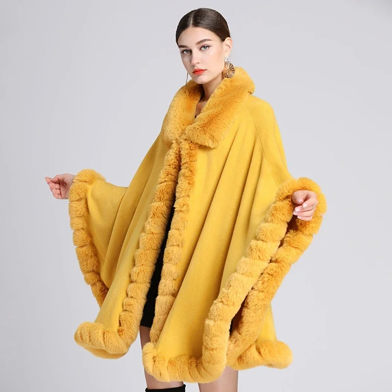 11 Colors Winter Cloak Cashmere Warm Thick Loose Coat Poncho Women Faux Fur Neck Cape Big Pendulum Dovetail Cardigan Streetwear