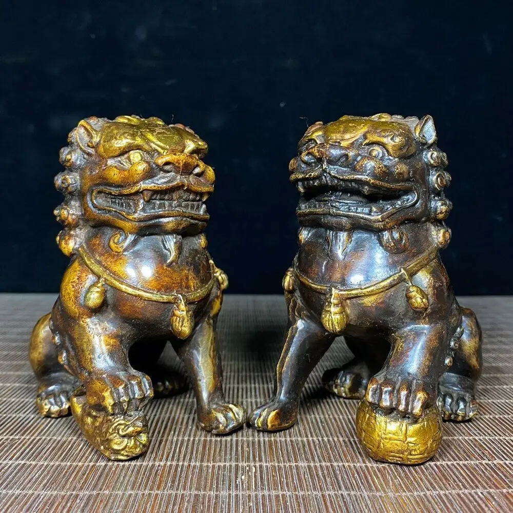 Pair fengshui Old Carve Gilt Foo Fu Dog Door Lion Ball Guardian copper Statue 11