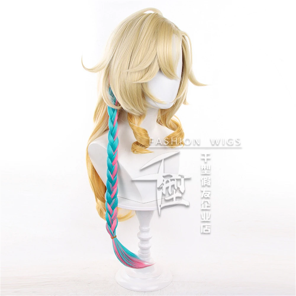 Xilonen Pruik Vrouwen 70 cm Lange Goudgeel Roze Blauw Vlecht Hittebestendige Synthetisch Haar Natlan Xilonen Halloween Cosplay Pruiken +