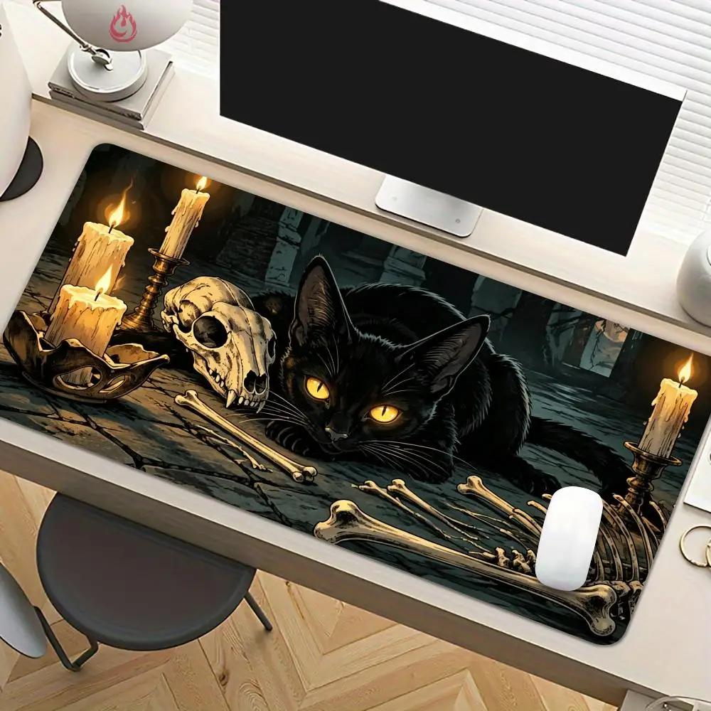 White Skeleton and Black Cat Mouse Pad Desk Mat Large Computer Office Carpet XXL Mousepad Gaming PC Accessories Keyboard Rug