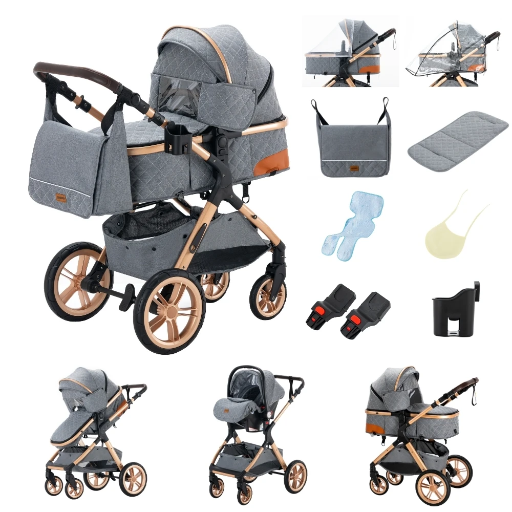 3-in-1 Babywandelwagen, vierwielige kinderwagen, hoge ligging met muskietennet, opvouwbaar, schokbestendig, vierwielige kinderwagen