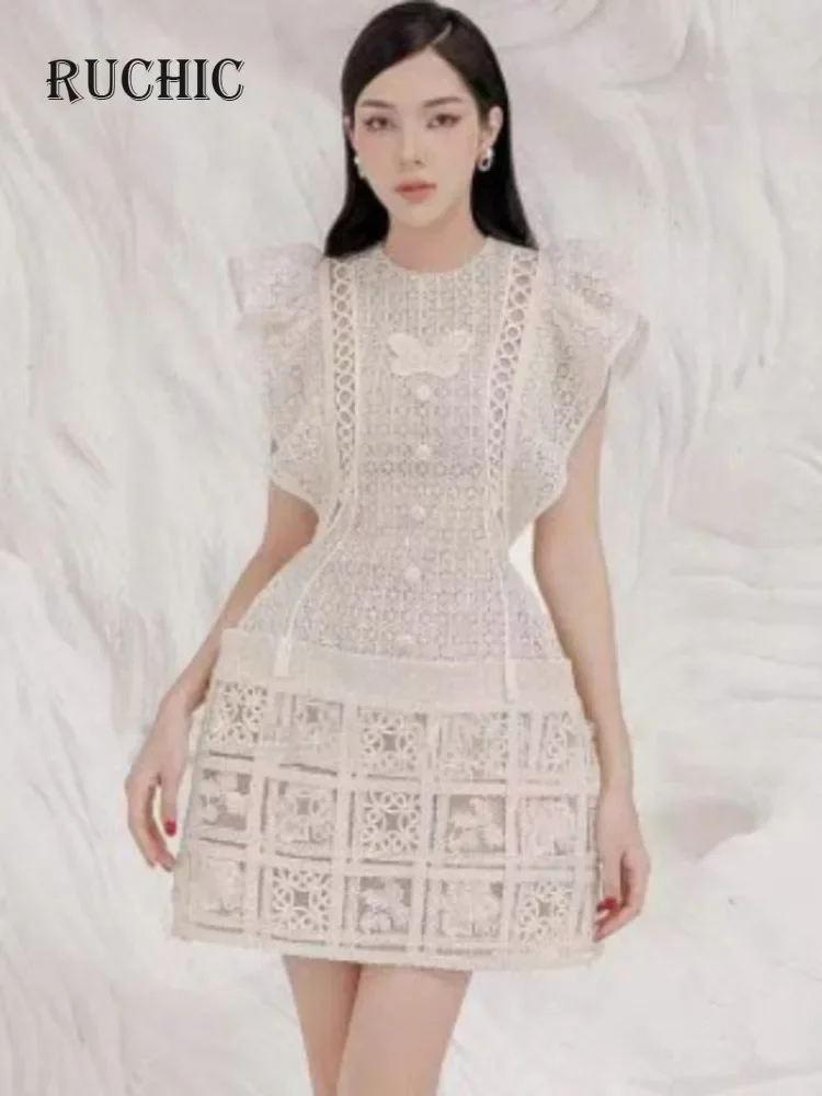 

2024 Summer New Women's Fashion Hollow Out Embroidery Elegant Dress Flying Sleeve Ruffles Single Breasted Dresses