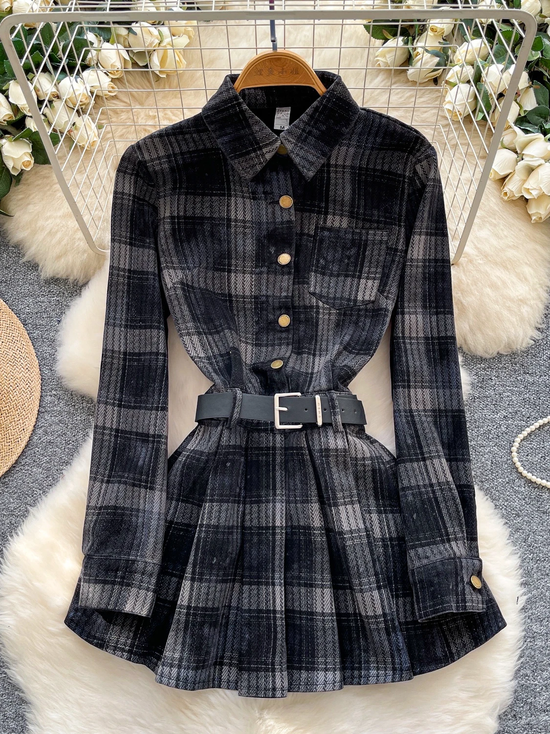 

Ретро-платье в академическом стиле с плиссировкой, длинными рукавами, отложным воротником, поясом и завязками на талии для женщин, для повседневной носки