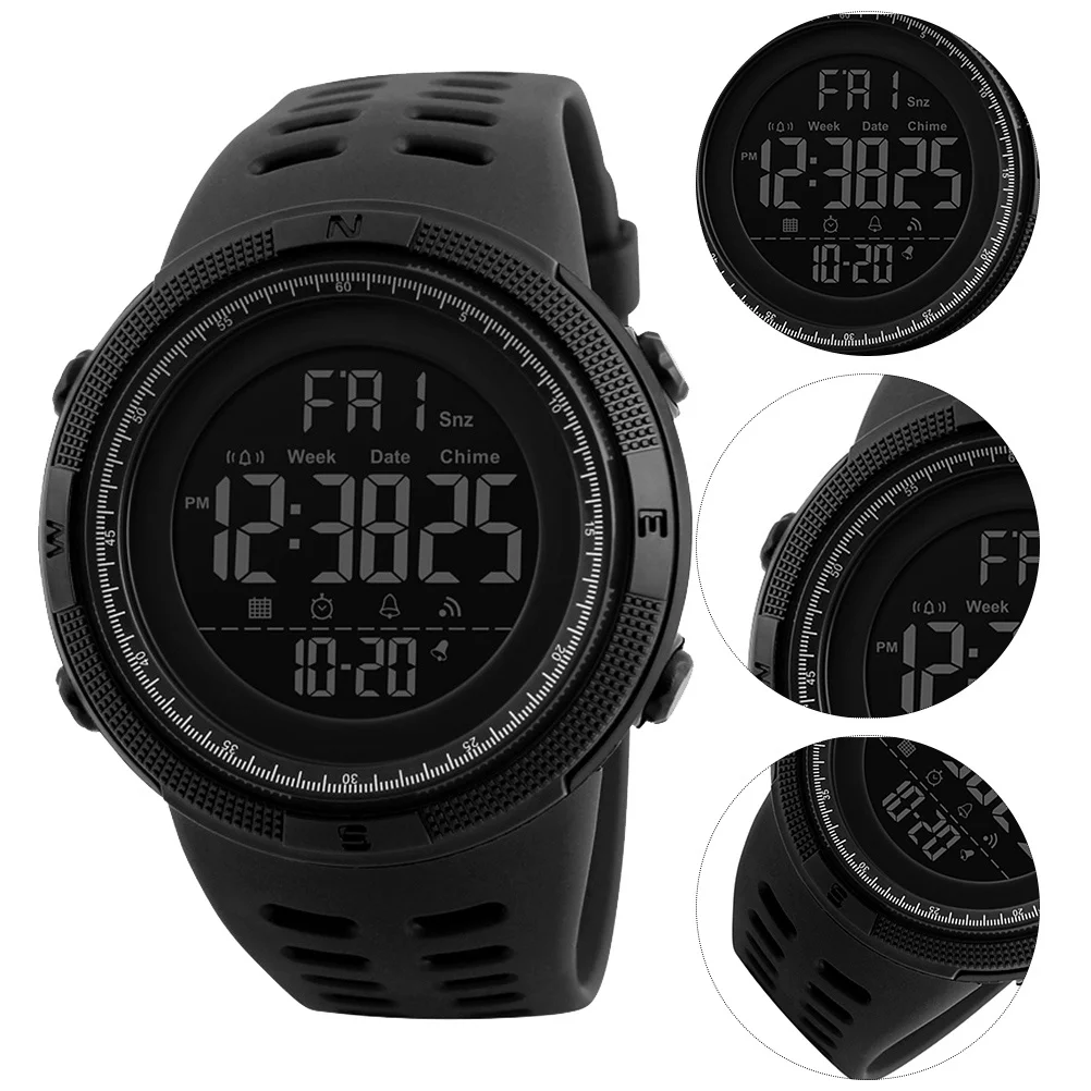 

Модные мужские часы премиум-класса, круглые цифровые наручные часы, 50 м, водонепроницаемая пряжка из нержавеющей стали, 12/24 часа, световой дисплей, черный
