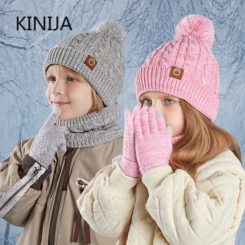 3pc Kids Winter Hat Scarf Gloves Set Unisex Children Beanie Cap Knitted Scarf Cap Ear Protection Fleece Warm Hat Boys Girl