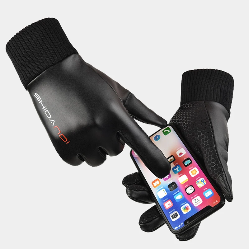الشتاء الرجال قفازات مقاوم للماء يندبروف بولي Leather الجلود الدافئة الرياضة في الهواء الطلق قفازات ركوب الخيل شاشة تعمل باللمس أصابع كاملة قفازات الصيد