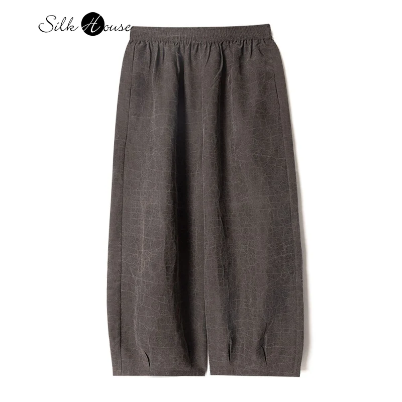 

Foggy Gray Pattern New Chinese Style Elastic Waist 100% Natural Mulberry Silk Gambiered Guangdong Gauze Women's Casual Pants