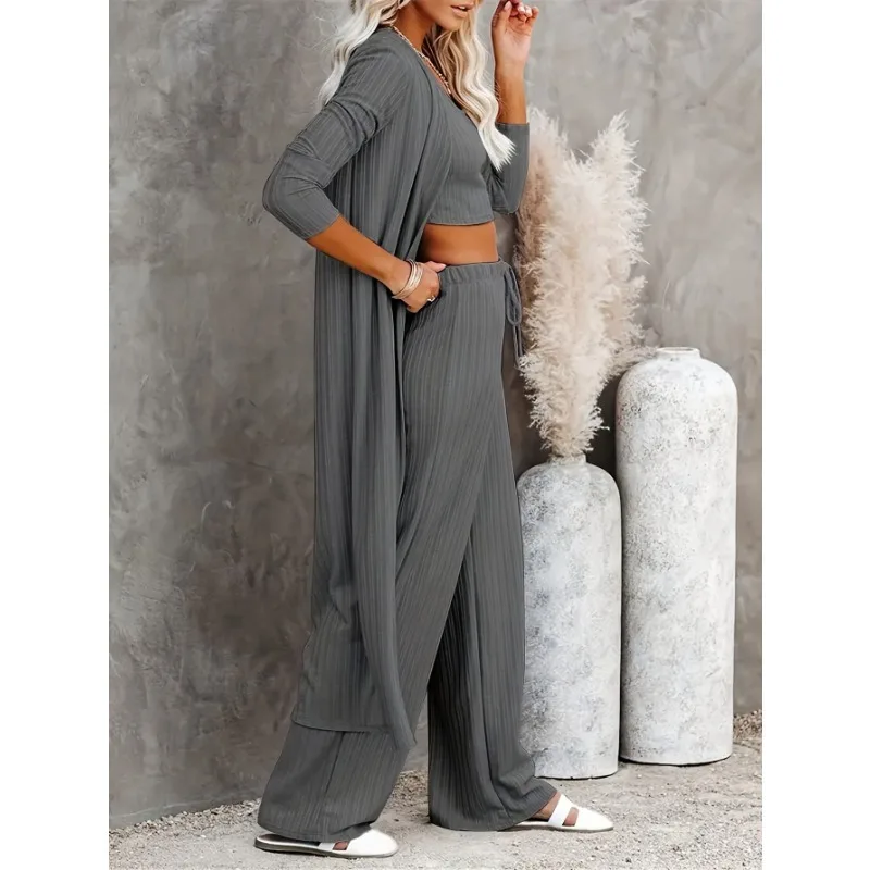 

Plus Size Women's Fashion Cardigan Top & Pure Tank Top Interior & Casual Drawstring Loose Pants 3-Piece Solid Color Set