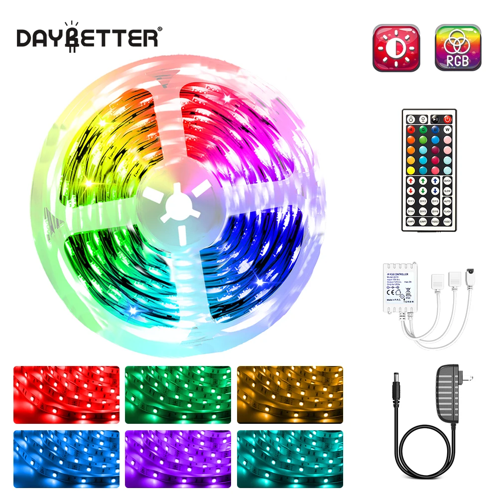 DAYBETTER Led Strip Lights RGB 5050 No Waterproof 5M With 44 Keys Remote Control Led Flexible Ribbon Tape For TV Backlight Room