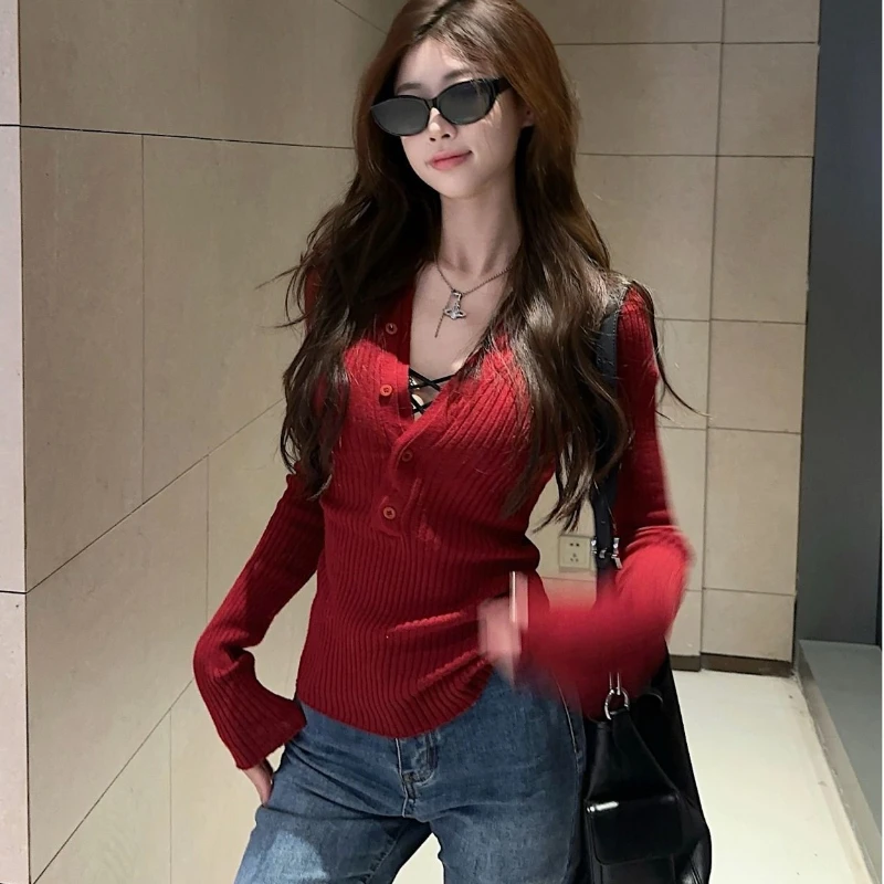 DAYIFUN Women's Two-piece Red Sweaters Sexy Female's Half Open Deep V-neck Slim Tops Korean Fashion Autumn Long Sleeved Clothing