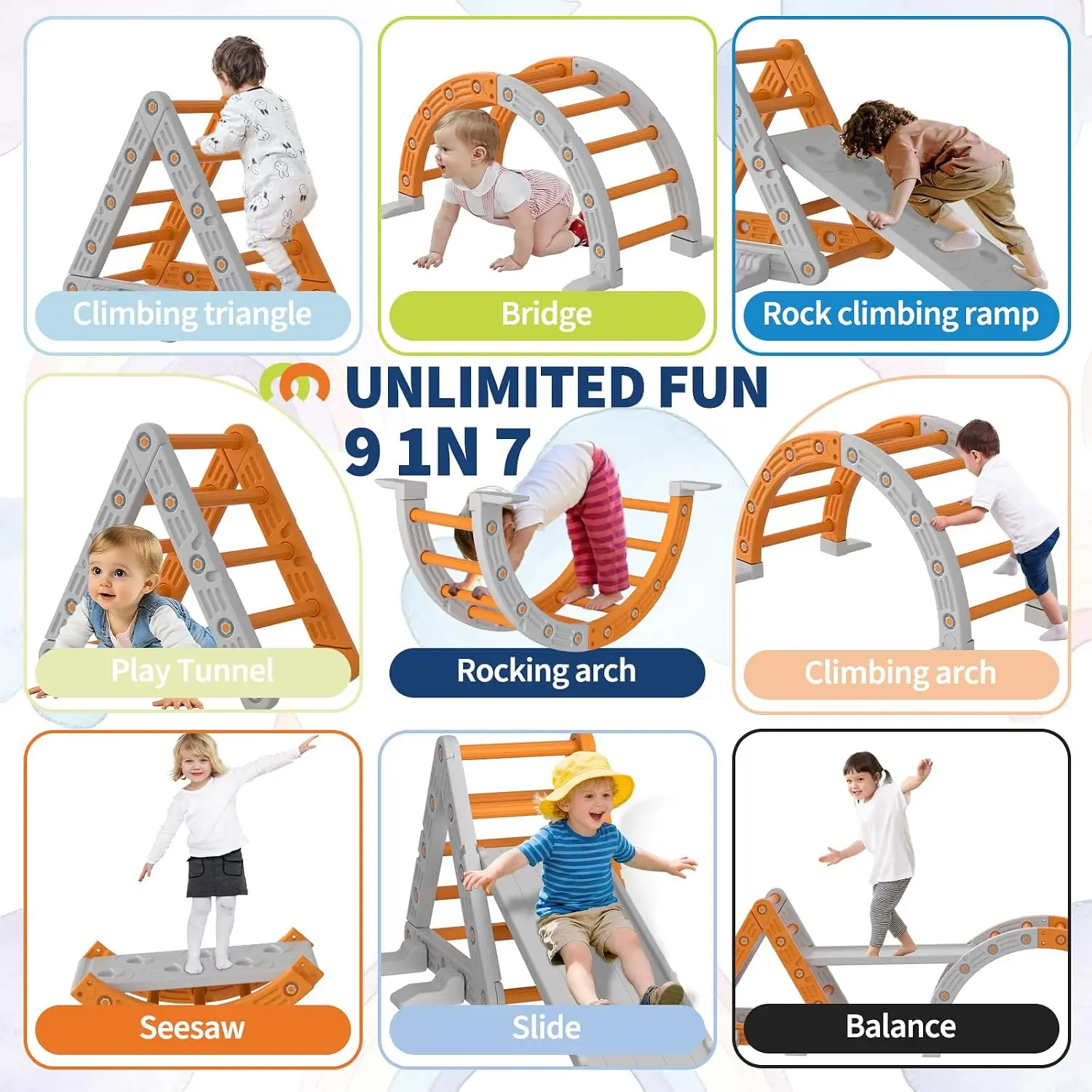 9-in-1 Triangle Set, HDPE PP Plastic Climbing Set, Durable 1-8 Toddler Climbing Toys Indoor with Arch, Ramp, Ladder & Slide, Ind
