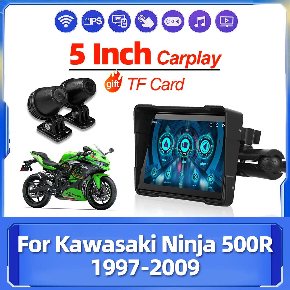 5 Inch Motorcycle Navigation GPS Wireless Carplay Touch Screen For Kawasaki Ninja 500R 1997-2003 2004 2005 2006 2007 2008 2009