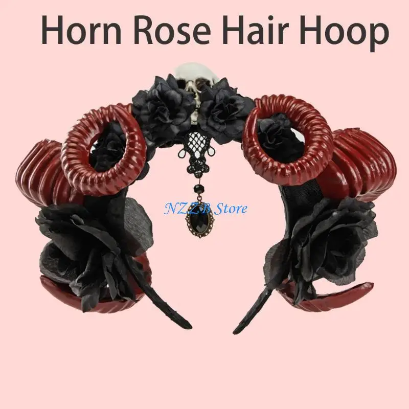 

T21F Gothic Headbands Rose Devil Horn Dark Lace Witch Halloween Rose Role Play